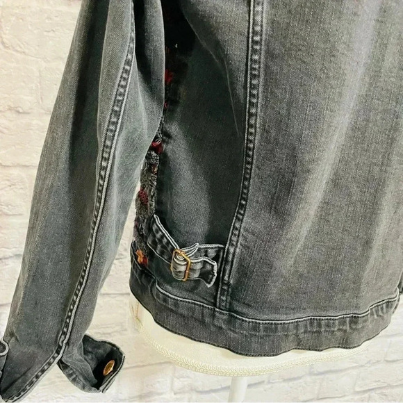 Topshop Embroidered Denim Jacket Jean Jacket Moto Washed Black Rough Edge - Picture 5 of 9
